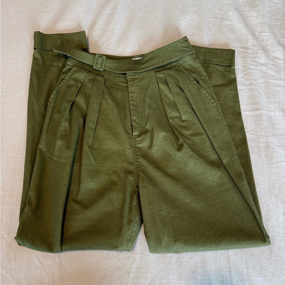 L'Academie for Revolve olive Green linen blend cuffed trousers size XXS